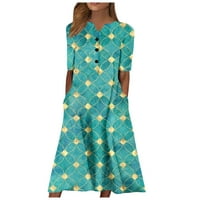 Ljetne haljine za žene kratki rukav A-line srednje dužine Ležerni datum tiskani V-izrez Haljina zelena XL