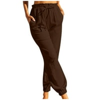 Ženske casual labavo izvlačenje elastične hlače visoke struke udobne pantalone sa džepovima kava m