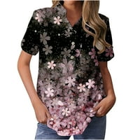 Yyeselk Elegant cvjetni print ženski ljetni bluze Loot Fit Gumb Up V-izrez kratkih rukava Košulje Trendi