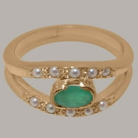 Britanska napravljena realnom 14k ružin zlatnim prirodnim smaragdnim i kulturnim bisernim ženskim prstenom - Veličine opcije - veličina 6.25