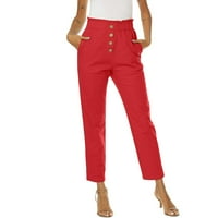 TUPHREGOOW žensko dugme pamučne posteljine mršave hlače Cladic Classic Solid ravne noge Tanke pantalone visoki struk sa džepovima Hlače putovanja Rad natkriveni novi stil prozračni trendi crveni l