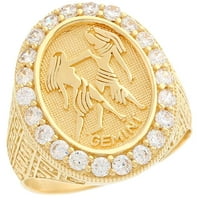 Jackani 14k Yellow Gold Zodijac Blizanci ovalni halo bijeli CZ Muški teški prsten