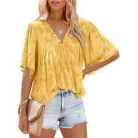 Ljetne košulje Žene Žuta cvjetna tekstura Majica s rukavima V izrez Šifon vrh za ljeto L