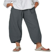Žene plus veličine pamučne posteljine konusne košulje sa džepovima labave pantalone sa širokim nogama