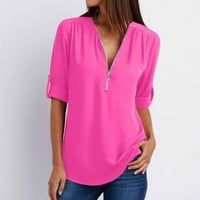 Zip vrhovi za žene ljetne čvrste majice s dugim rukavima V izrez šifon bluza casual labavi tunički majica