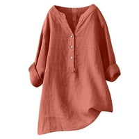 Hueook majice za žene plus veličine pamuk i posteljina V izrez kratki rukav gumb za čvrste boje modna casual labava majica bluza