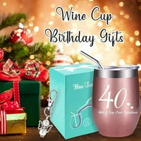 40. rođendanski poklon žene, vinski poklon 12oz čaša vina od nehrđajućeg čelika dvosmjerni vakuum izolirane vinske naočale sa poklopcem i slamkom četkica za piće za piće