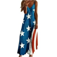 4. jula Američka zastava za ispisu za žene Pejock Plus Veličina bez rukava Dan bez rukava Duga haljina Ljetni remen Srednji struk V-izrez Maxi haljine Slim Beach duga haljina E XXL