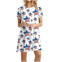 QOLATI 4. jula Ljetne haljine Crewneck Loose Fit Thirt Haljina Američka zastava Ispisuje Pleased Flowy Tunic Mini haljina