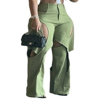 Prednje ploče Ženske pantalone Visoki struk Pant Solid Bool Cargo Hlače Žene Labavi fit dno širine vojske