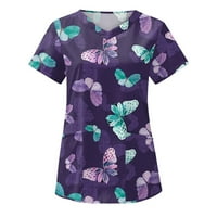 Ženske bluze Žene modni leptir Print V-izrez kratkih rukava s kratkim rukavima s džepovima Purple XXL