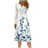Ljetne haljine za žene srednje dužine dugih rukava moda A-line patchwork zabava zarez vrata plave m