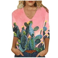 Caveitl majice žene, ženska modna štamparija labav majica rukava bluza V-izrez casual vrhovi ružičasti,