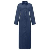 Gotyou Haljine ženska modna casual pune boje rever s jednim grudima ravno ravna dugi rukav labav džep pamuk majica s dugim haljinama svijetlo plavi xl