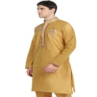 Kurta za muškarce Art Silk vezena duga majica Indijski vjenčanje srednje zlato