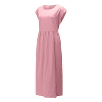 Lastsoseso Žene Solid Color Cotloy Line haljina kratki rukav Crewneck Maxi haljina visokog struka haljina labava povremena ženska haljina