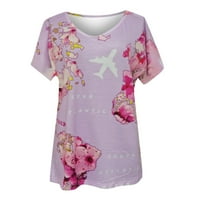 Modni ženski vrhovi Ljetni V-izrez Print Majica kratkih rukava Casual Labava bluza, Pink, XL