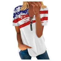 Ljetni vrhovi za ženske popuste Casual American Zastava Zipper V Majice Kratki rukav Dan nezavisnosti