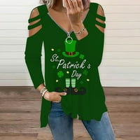 Ženska plus veličina modna žena V-izrez Dugi rukav majica Sretan Valentinovo Ispis hladnog ramena labav bluza na vrhu metvice zelene boje