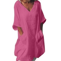 Ljetne haljine za žensko čišćenje dugih rukava V-izrez V-izrez Džepne haljine na otvorenom na otvorenom visoka haljina, vruće ružičasta, xl