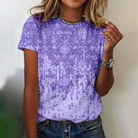 Žene plus veličina slatki vrhovi kratkih rukava s kratkim rukavima Crewneck Tees Ljeto Trendy Tunic Floral Paisley bluza Ležerne prilike Thirts Purple XXL