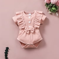 Baby Girls BodySuits Kidsolid RibbedhortLeeve Ruffled Bowtie Bodysuit Romper