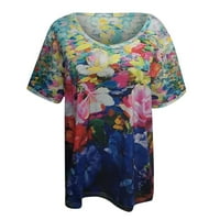 XYSAQA Bluze za žene za žene za žene za odrasle modne žene V-izrez na vrhu majica Cvjetni ispis labavi