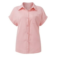 Hanas vrhovi ženske modne pamučne posteljine s kratkim rukavima s kratkim rukavima, sa džepovima labava majica Top Pink XXXL