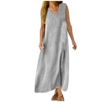 Ženska haljina ljetna casual moda čvrsta pamučna i konoplja s kratkim rukavima srednje duga haljina, siva, xxl