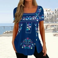 Ženski ljetni vrhovi bluza Grafički otisci kratkih rukava casual ženska majica kvadratni izrez plavi