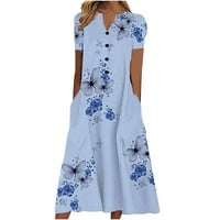 Maxi haljine za žene ljetne casual gumb prema dolje leptir cvjetne haljine kratki rukav V izrez plaže duge haljine sa džepovima na klirensu