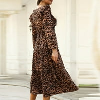 Ženska modna casual tiskana okrugla vrat Leopard Print Ruffled haljina s dugim rukavima Hot25SL4487067