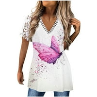 Žene V izrez čipke kratki rukav na vrhu ljetnih cvjetnih ispisa bluze košulje Dressy casual majice za