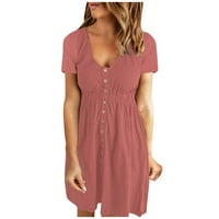 CETHRIO Ljetna haljina za žene - modni casual udobne čvrste kratke kratkih rukava gumba za vrat Duljina koljena ružičasta