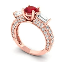 2. CT sjajan okrugli rez simulirani ruby ​​14k Rose Gold Solitaire sa akcentima s tri kamene prstene