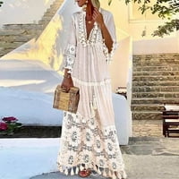Ženske haljine V-izrez čipke Maxi Dužina gležnja Ljetna haljina s dugim rukavima bijela 2xl