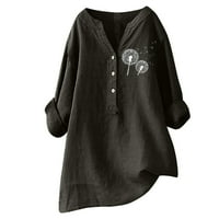 Caveitl majice za žene Trendi ljeto, ženska modna tiskana ležerna majica dugih rukava s dugim rukavima V-izrez pamuk i posteljina bluza crna, l