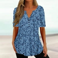 Ženski vrhovi kratki rukav casual bluza tiskane dame Ljeto tunika vrhovi V-izrez modni plavi 5xl