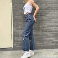 Traperice za žene Jeans ravno stil Jungfrau Žene Slim i visoki struk vezene ženske traperice plave +