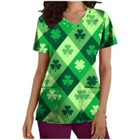 Odeerbi St. Patrickov dan piling za žene za žene modni kratki rukav V-izrez Radna uniforma za ispis bluza sa džepom zelenom