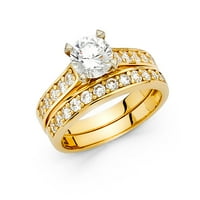 Čvrsta 14K žuta zlatna kubična cirkonija CZ svadbeni opseg i angažman mladenkini prsten Dvije postavljene