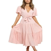 Capreze Dame Ljeto Midi haljina kratkih rukava Swing haljine V izrez Sunderss comfy solid boja ružičasta