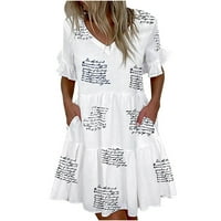 Haljine za žene Sawvnm Žene Ležerne prilike V-izrez Ruffle Džepne haljine za ispis kratkih rukava na klirensu