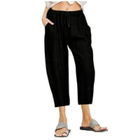 Hoksml pantalone za žene, ženske ležerne čvrste pamučne posteljine izvlačenja elastične struke Široke pantalone za noge obrezane pantalone na klirensu