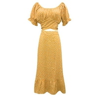 Miayilima ženske duge suknje odijelo duga suknja od tiskanog okruglog vrata čipka u obliku struka Bubble rukava Mala cvjetna duga koža odijelo žuti s