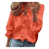 Bluze s dugim rukavima majice dolje za žene Ljetni rufffle V-izrez Čvrsti print casual dressy baged