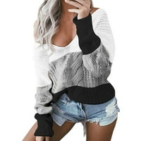 Odeerbi džemperi za žene casual spajanje van ramena džemper pulover V-izrez bluza dugih rukava džemper bijeli
