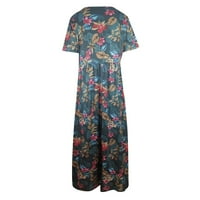 Ljetne haljine za žene kratki rukav a-line srednjeg duljine labav odmor cvjetni cvjetni ormar za vrat