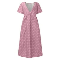 Ženske oblače s kratkim rukavima tiskana moda Srednja dužina A-line V-izrez ljetna haljina ružičasta