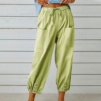 TAWOP posteljine za žene Ljeto Žene Capri hlače za ljetne hlače za žene Ljetni modni ženski ljetni gumb Ležerne prilike labave pamučne i posteljine džepom Solid pantalone hlače zelena 10